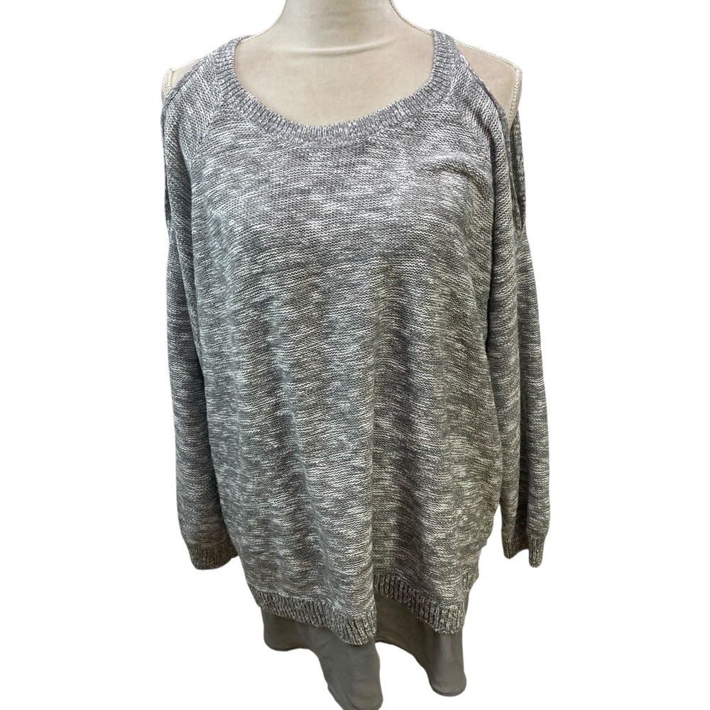Torrid 3 Cold Shoulder Tunic Sweater Gray Marled Knit Chiffon‎ Hem Long Sleeve